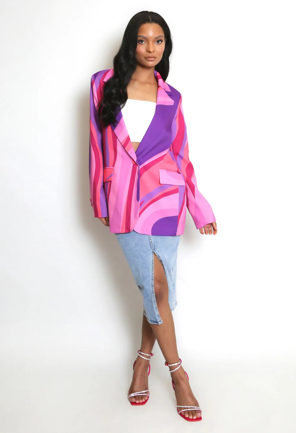 Pink Multicolour Printed Double Breasted Blazer