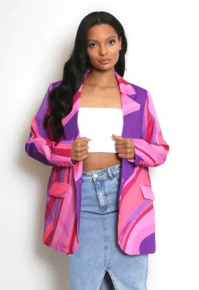 Pink Multicolour Printed Double Breasted Blazer