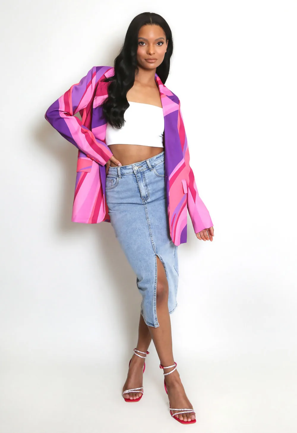 Pink Multicolour Printed Double Breasted Blazer