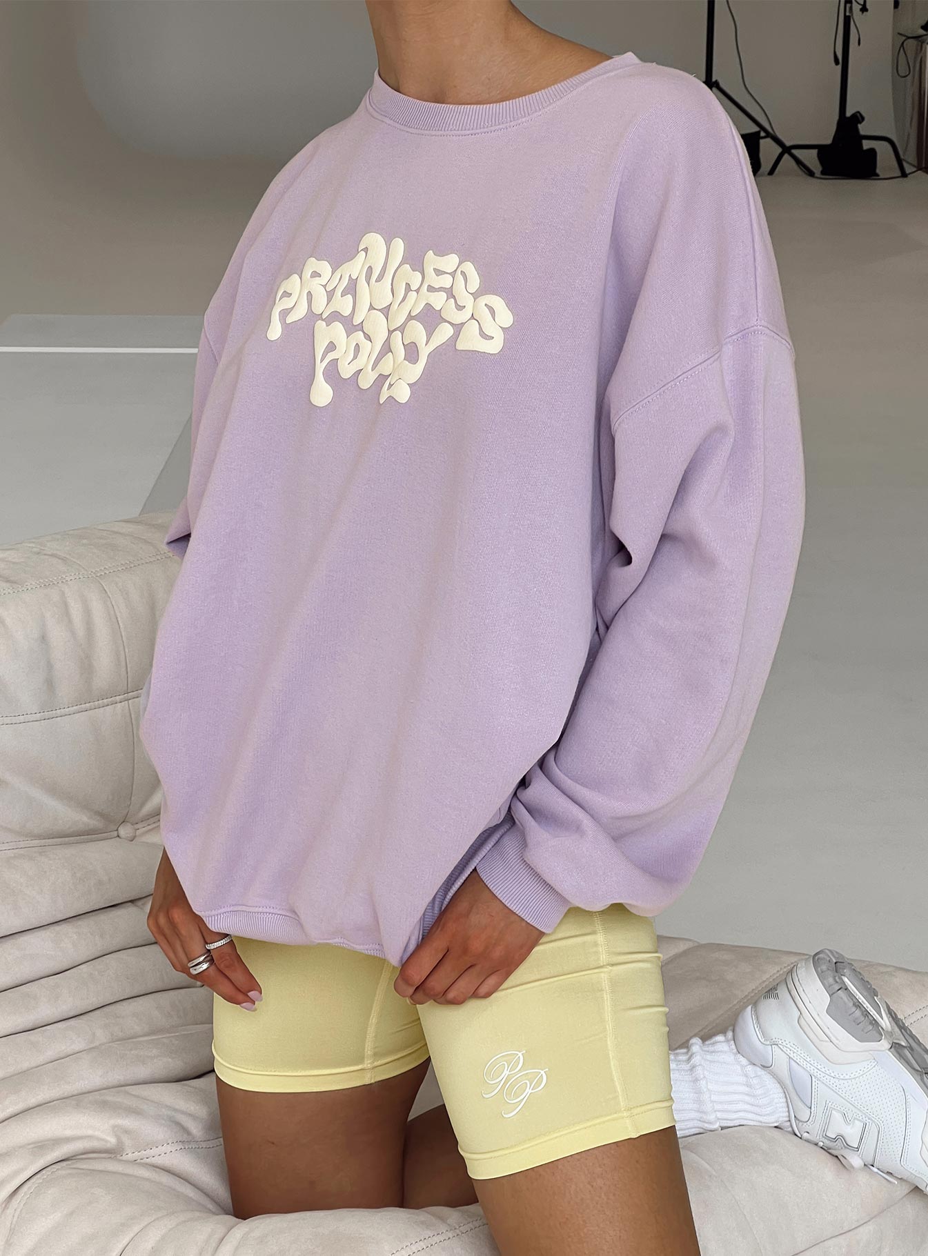 Princess Polly Crew Neck Sweatshirt Squiggle Text Lilac / Eggshell