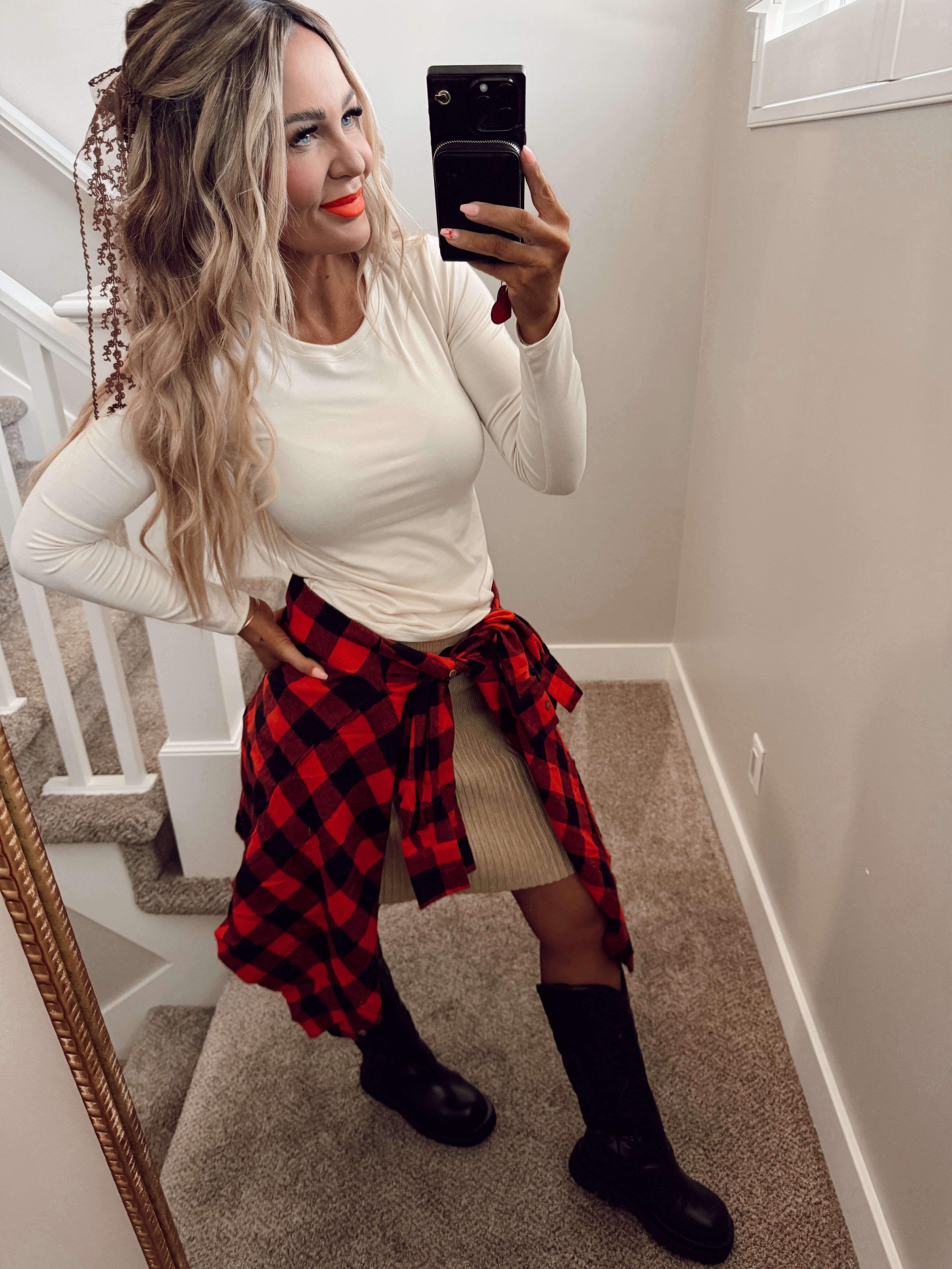 Red flannel oversized top