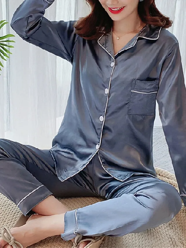 Satin Silk Lounge Sets for Women with Long Sleeve Shirt and Pants