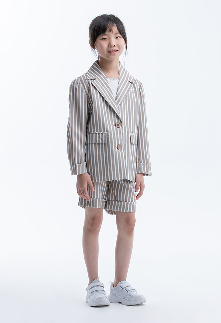 Striped Notch Lapel Blazer And Shorts Girls Set