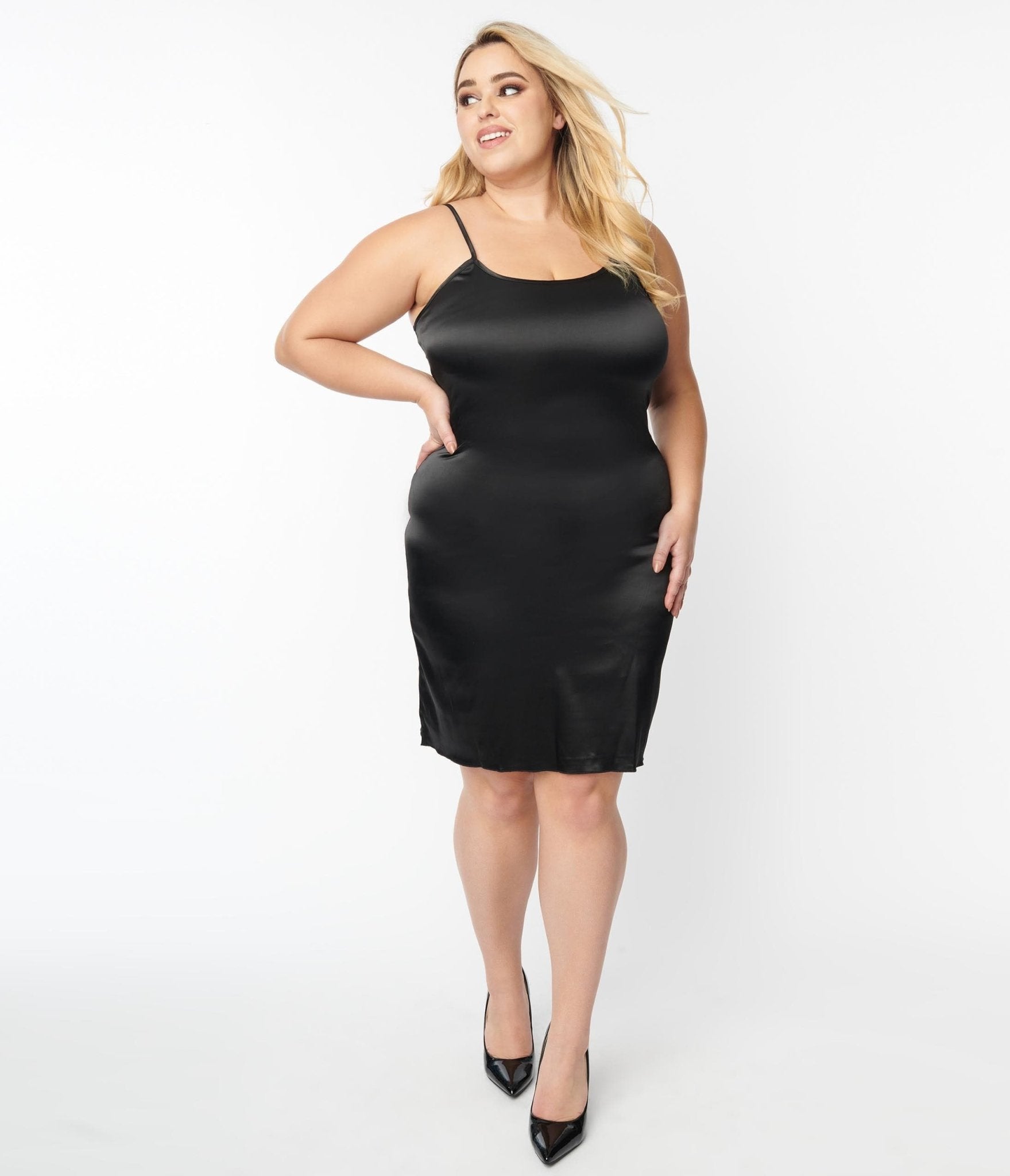 Unique Vintage Plus Size Black Satin Long Slip