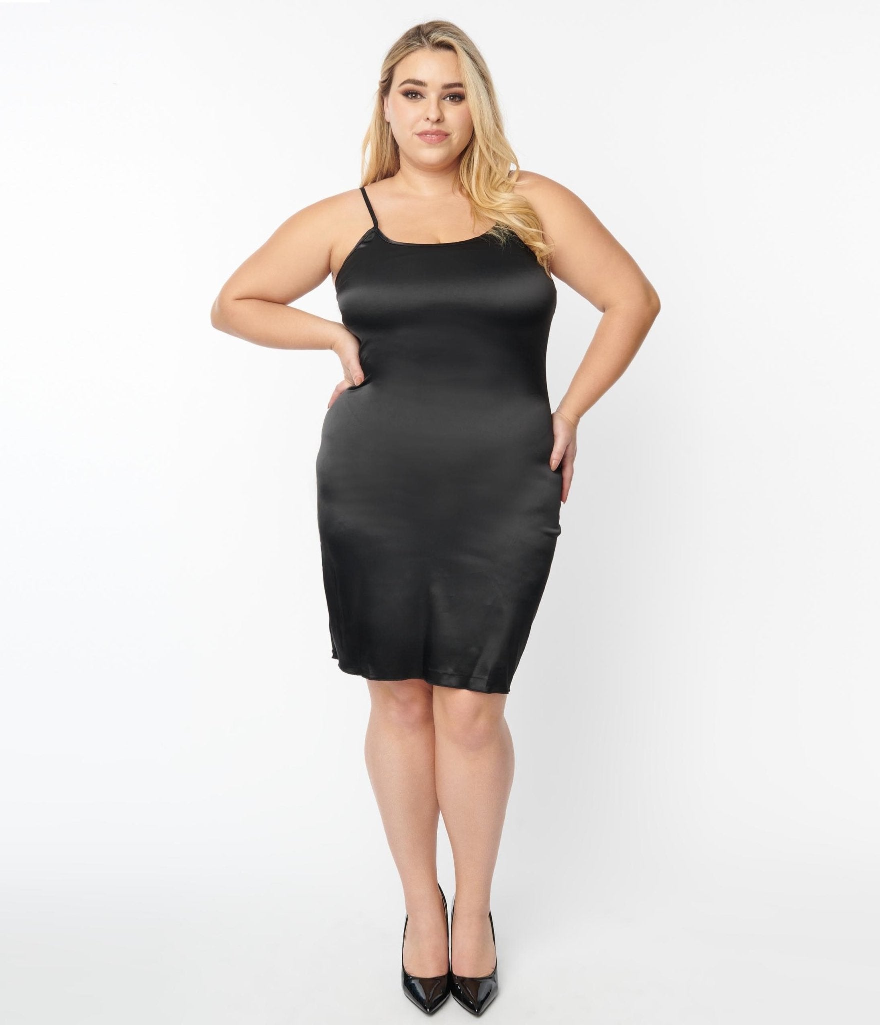 Unique Vintage Plus Size Black Satin Long Slip