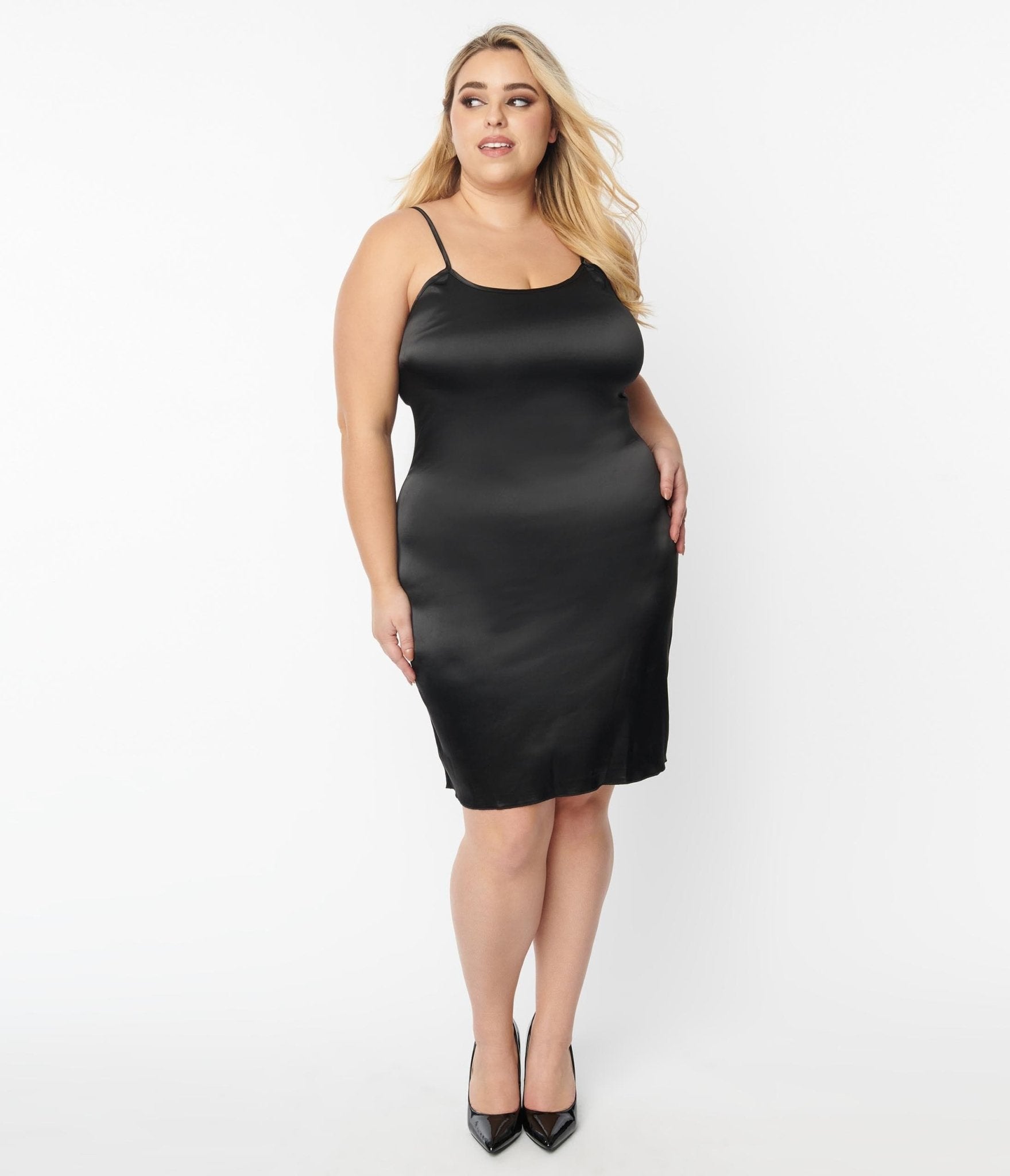 Unique Vintage Plus Size Black Satin Long Slip