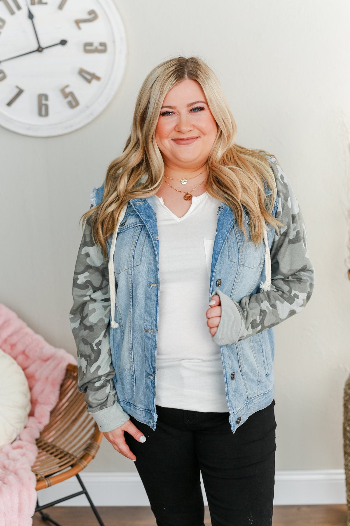 Wanderlust Wonder Button Down Denim Jacket- Camo & Denim