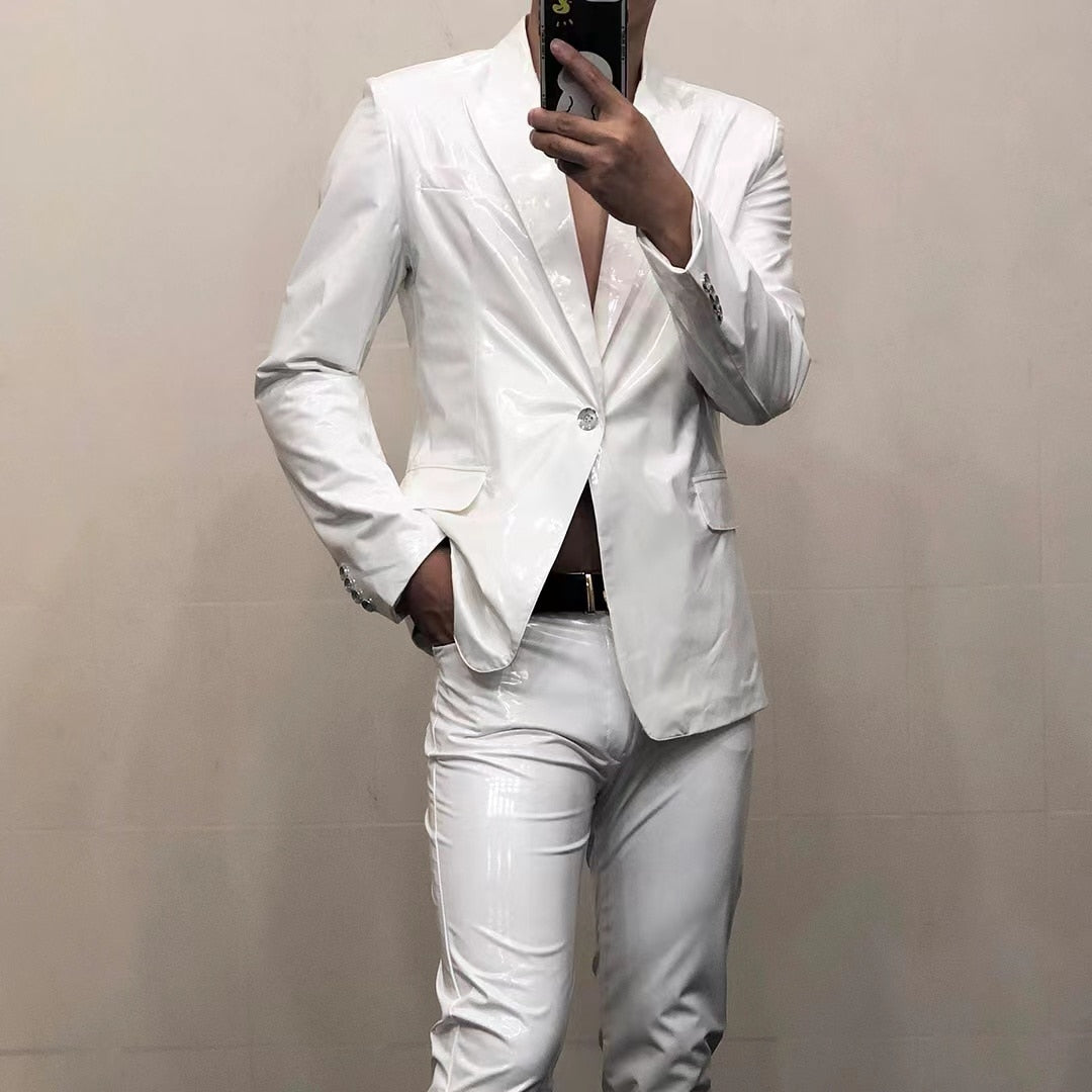 White Mirror Bright Soft Lacquer Leather Slim Fit Jacket Blazer for Men