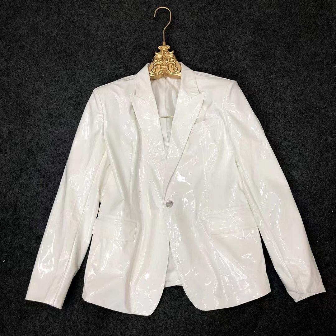 White Mirror Bright Soft Lacquer Leather Slim Fit Jacket Blazer for Men