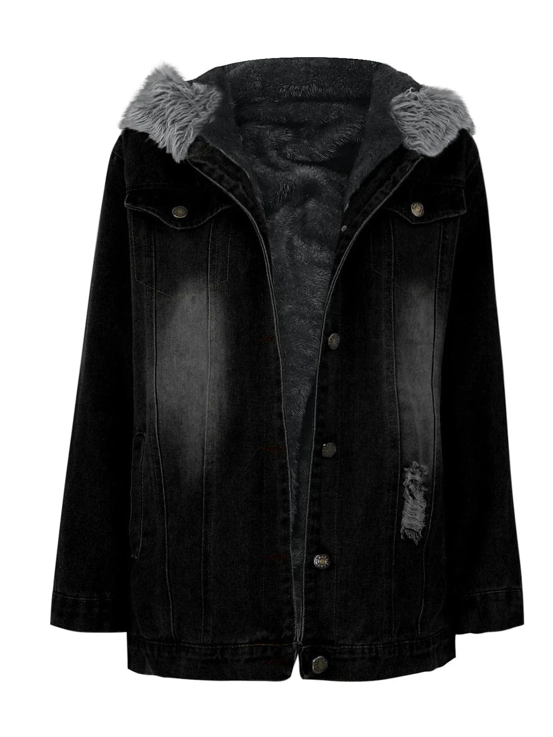 Women's Denim Jacket with Detachable Hood and Faux Fur Trim