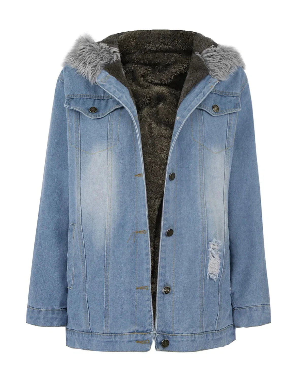 Women's Denim Jacket with Detachable Hood and Faux Fur Trim